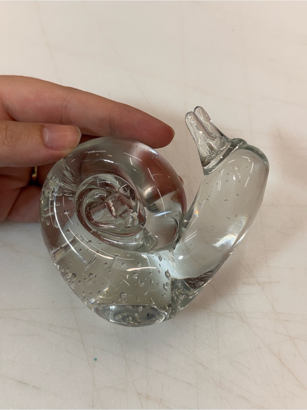 Art Glass Clear Snail Paperweight Controlled Bubbles 3.5”
